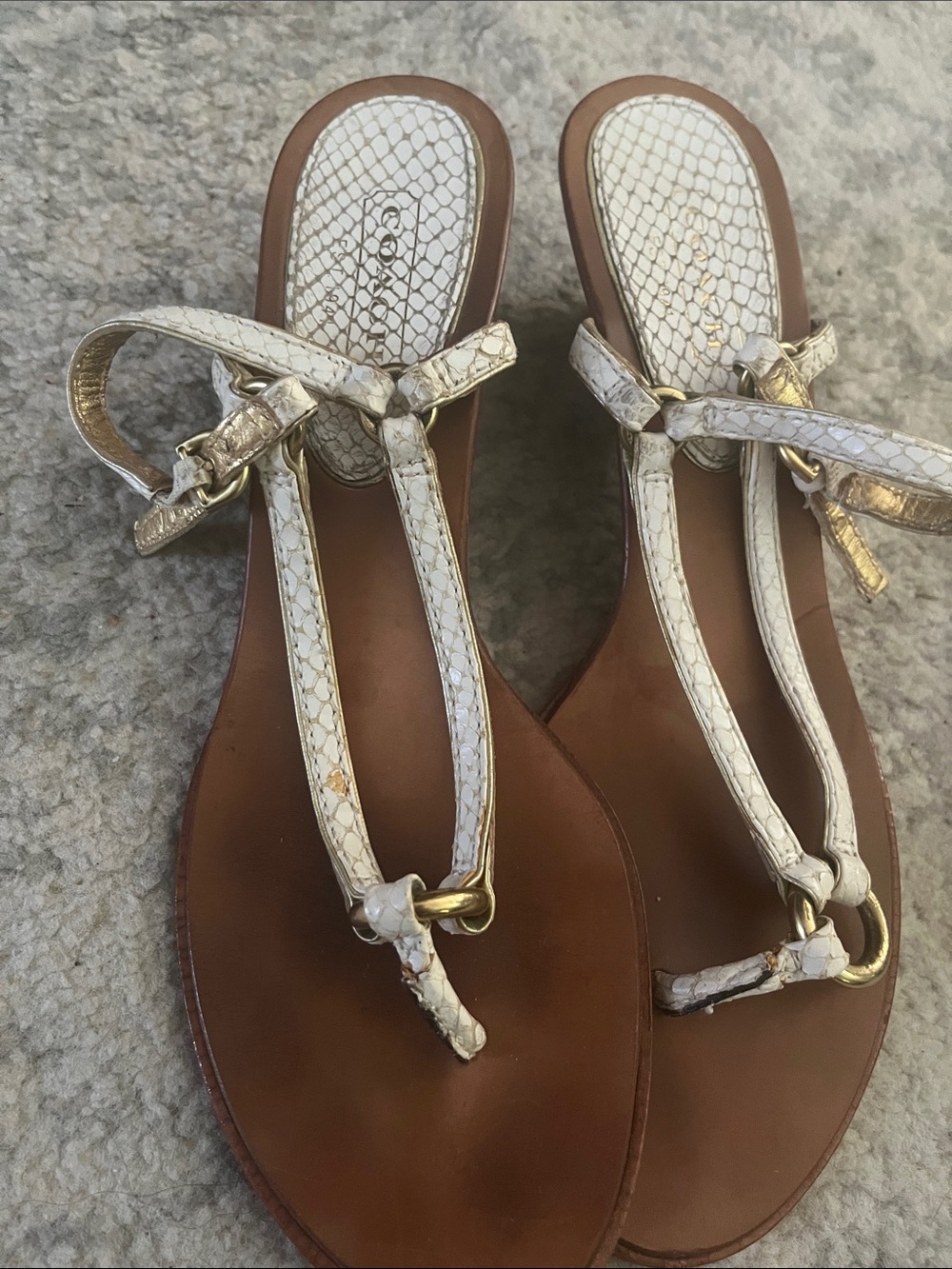 Coach White Snake-Embossed Leather T-Strap Sandals with Gold Hardware